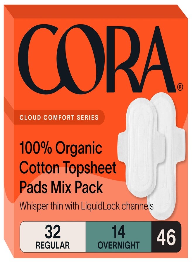 Cora 100% Organic Cotton Topsheet Pads Multipack (32 Regular, 14 Overnight Pads) - Image 1